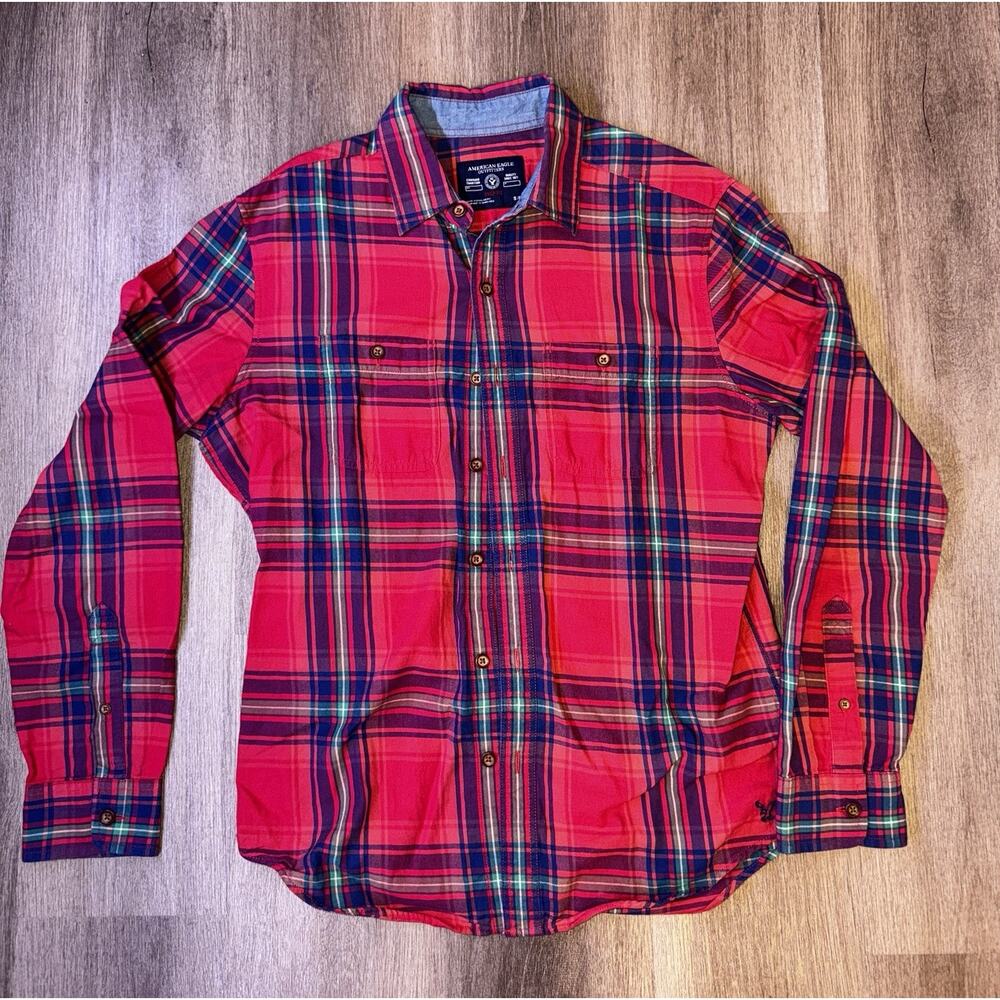 American Eagle Outfitter Shirt Mens Red Plaid Prep Fit Long Sleeve